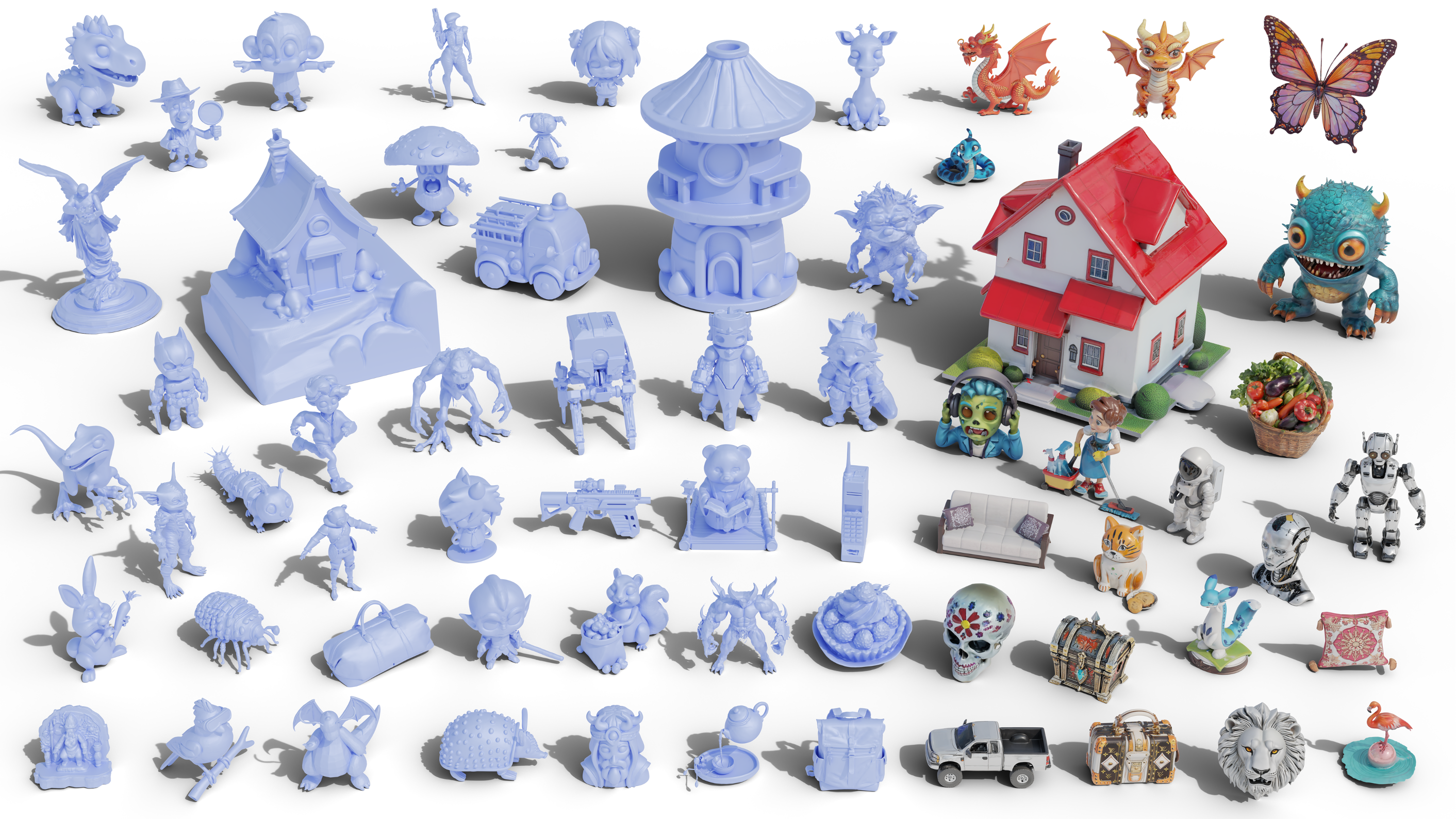 TripoSG 生成效果展示：从各种风格的输入图像（写实、卡通、素描）生成高质量3D网格